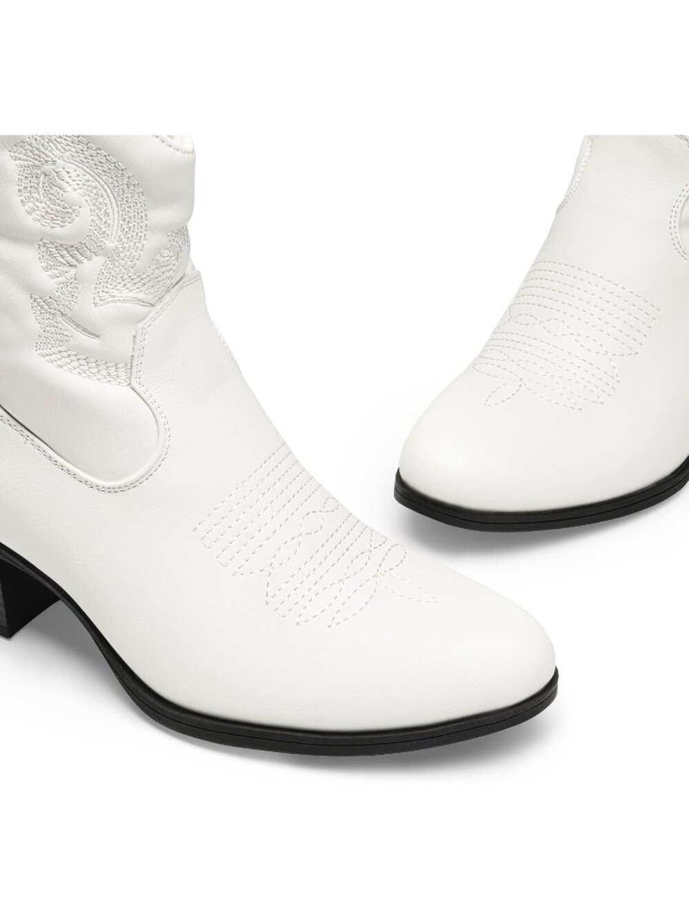 Women's White Faux Leather Embroidered Round Toe Low Chunky Heel Ankle Booties - Picture 2 of 6
